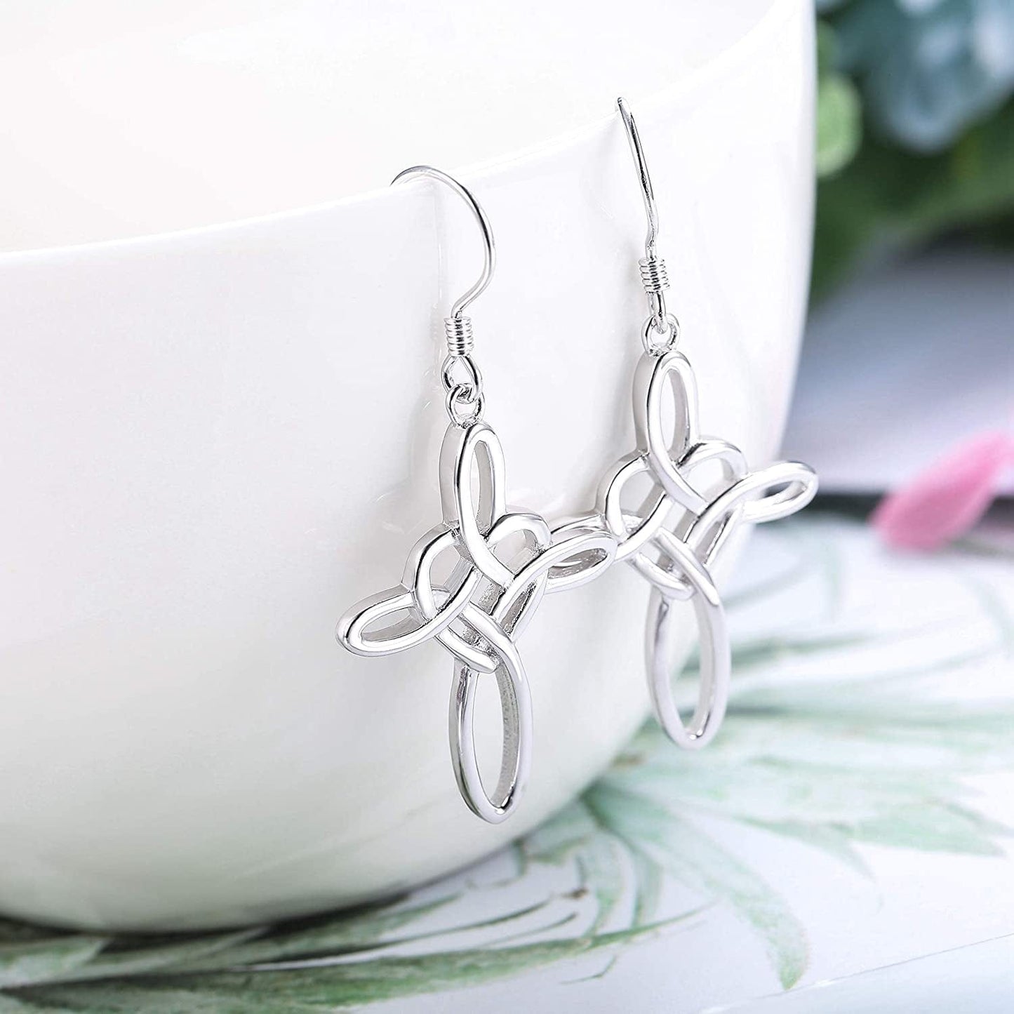 Sterling Silver Celtic Knot Cross Dangle Earrings White Gold Plated Good Luck Vintage Cross Drop Earrings Irish Jewelry Silver