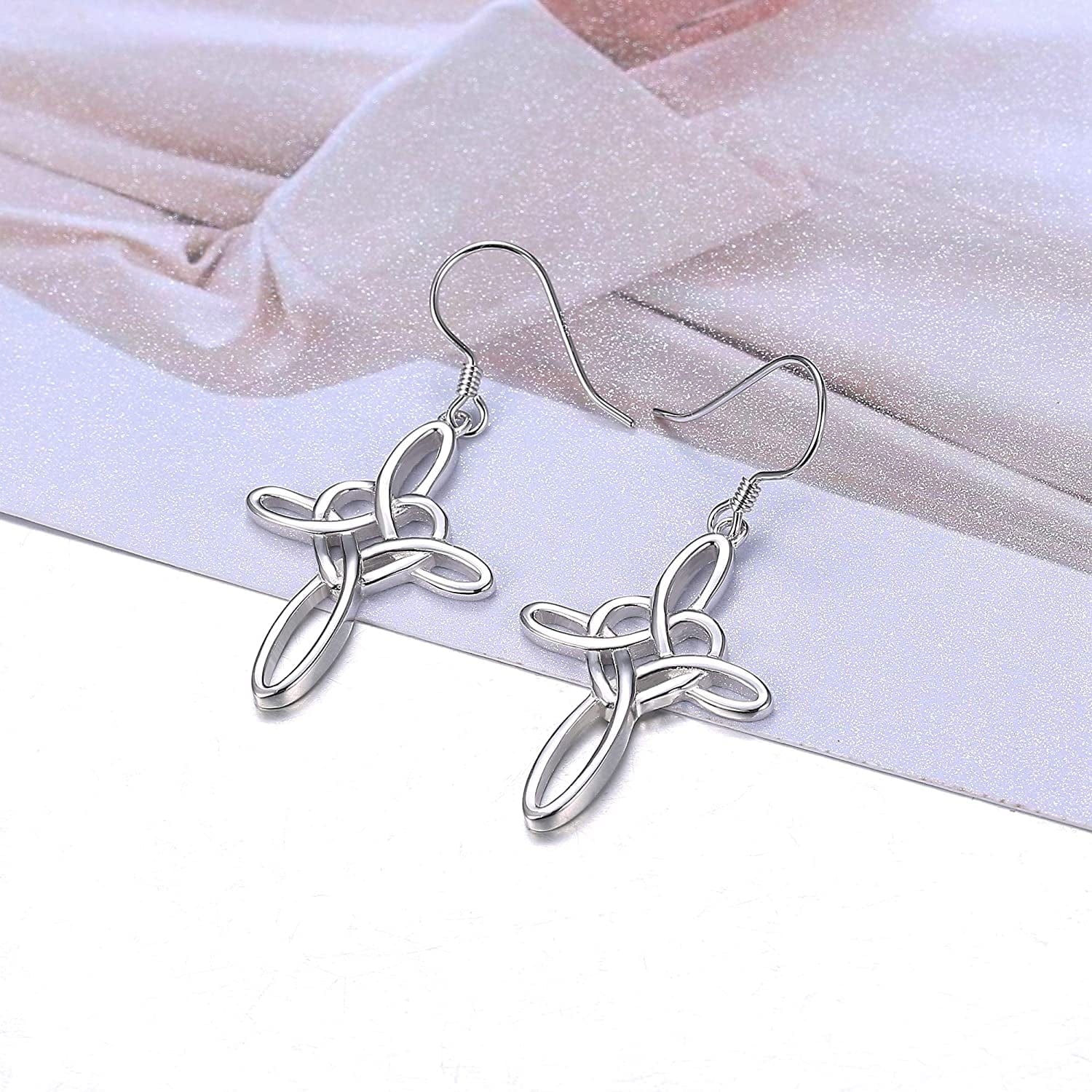 Sterling Silver Celtic Knot Cross Dangle Earrings White Gold Plated Good Luck Vintage Cross Drop Earrings Irish Jewelry Silver