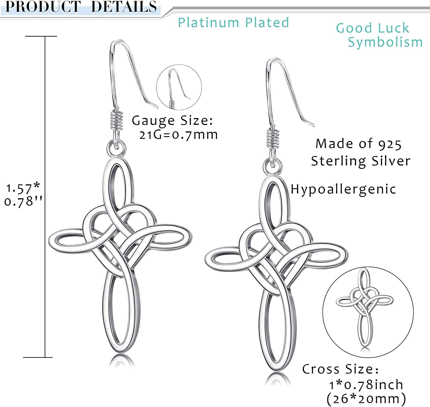 Sterling Silver Celtic Knot Cross Dangle Earrings White Gold Plated Good Luck Vintage Cross Drop Earrings Irish Jewelry Silver