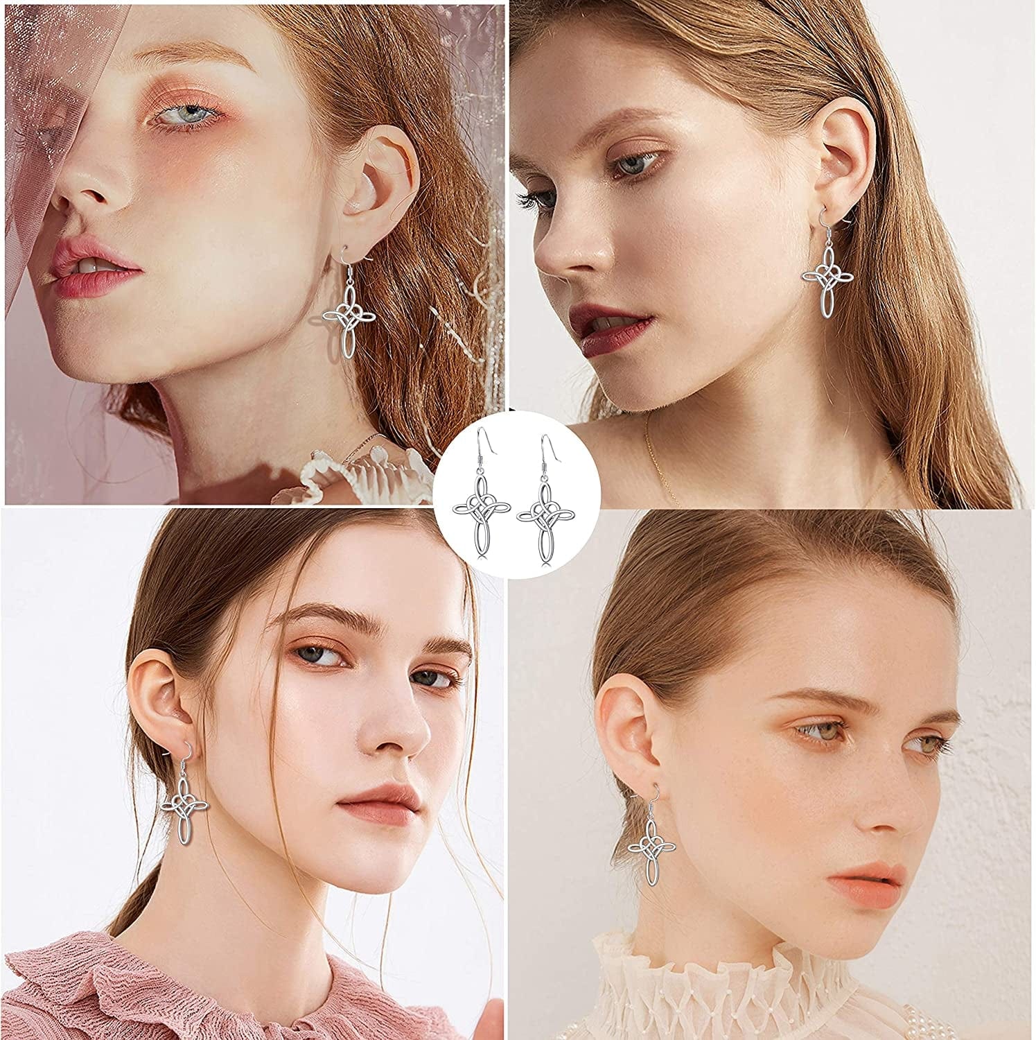 Sterling Silver Celtic Knot Cross Dangle Earrings White Gold Plated Good Luck Vintage Cross Drop Earrings Irish Jewelry Silver