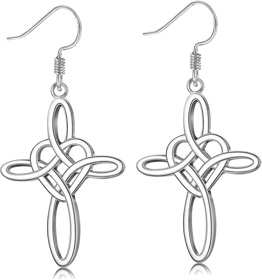 Sterling Silver Celtic Knot Cross Dangle Earrings White Gold Plated Good Luck Vintage Cross Drop Earrings Irish Jewelry Silver