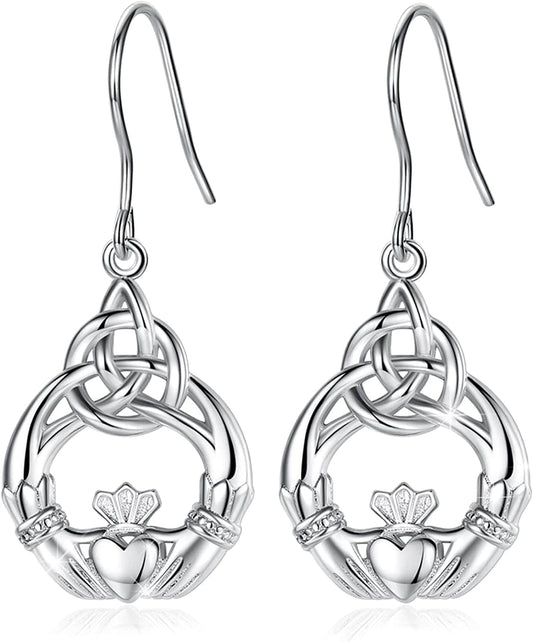 Sterling Silver Celtic Knot Dangle Earrings for Women Girls, Irish Jewelry Good Luck Gifts for Her Claddagh