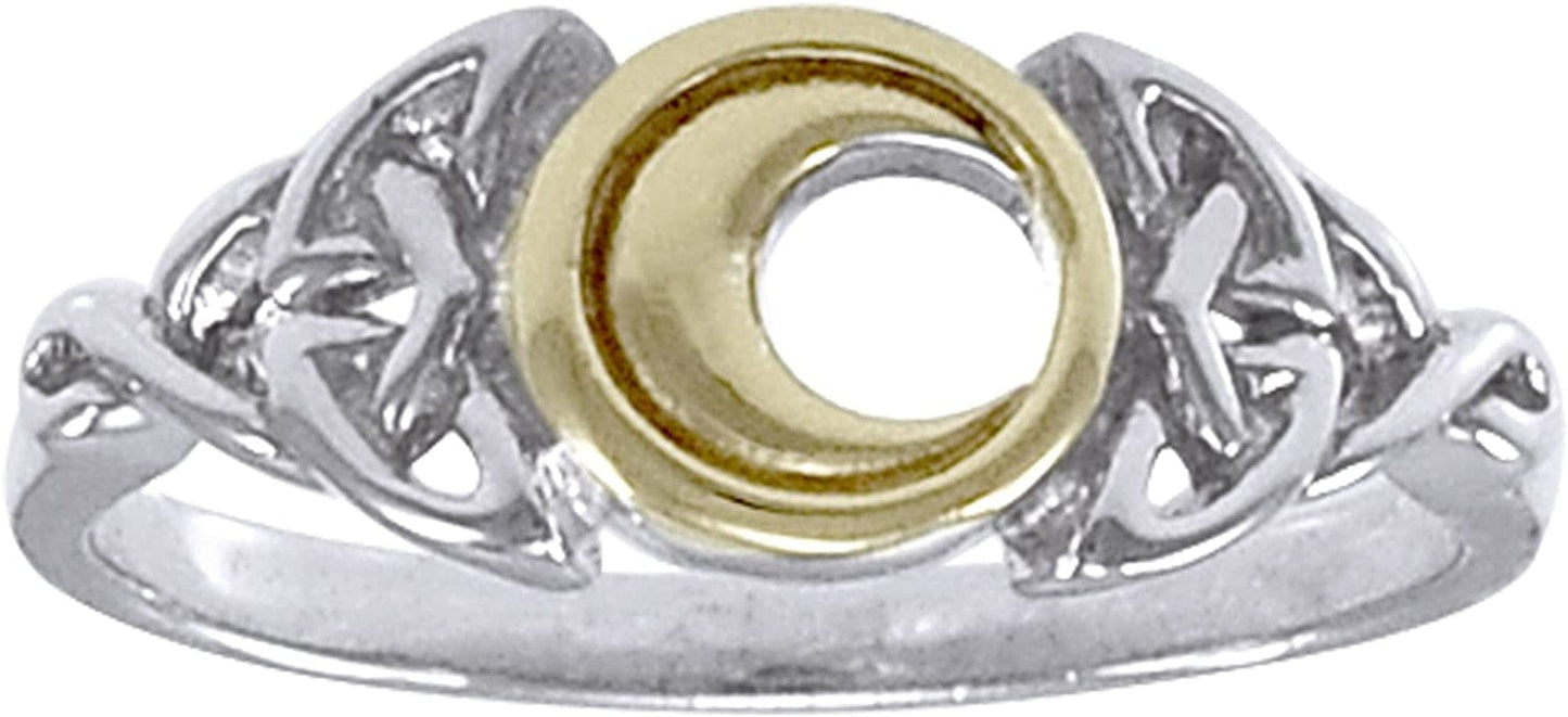Sterling Silver Celtic Trinity Knot and Crescent Moon Ring(Sizes 3,4,5,6,7,8,9,10,11,12,13,14,15) Gold Accent (Size 14)