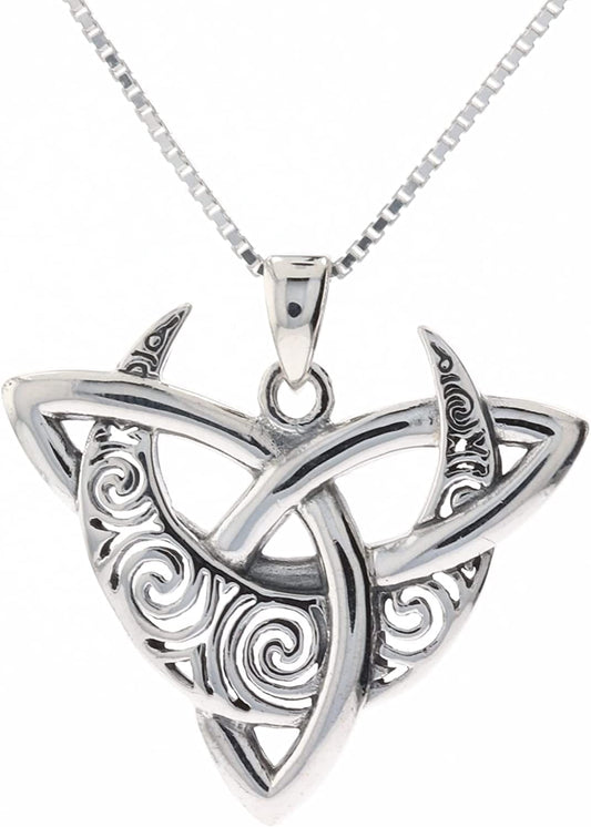 Sterling Silver Celtic Triquetra Moon Goddess Trinity Knot Pendant Necklace 18"