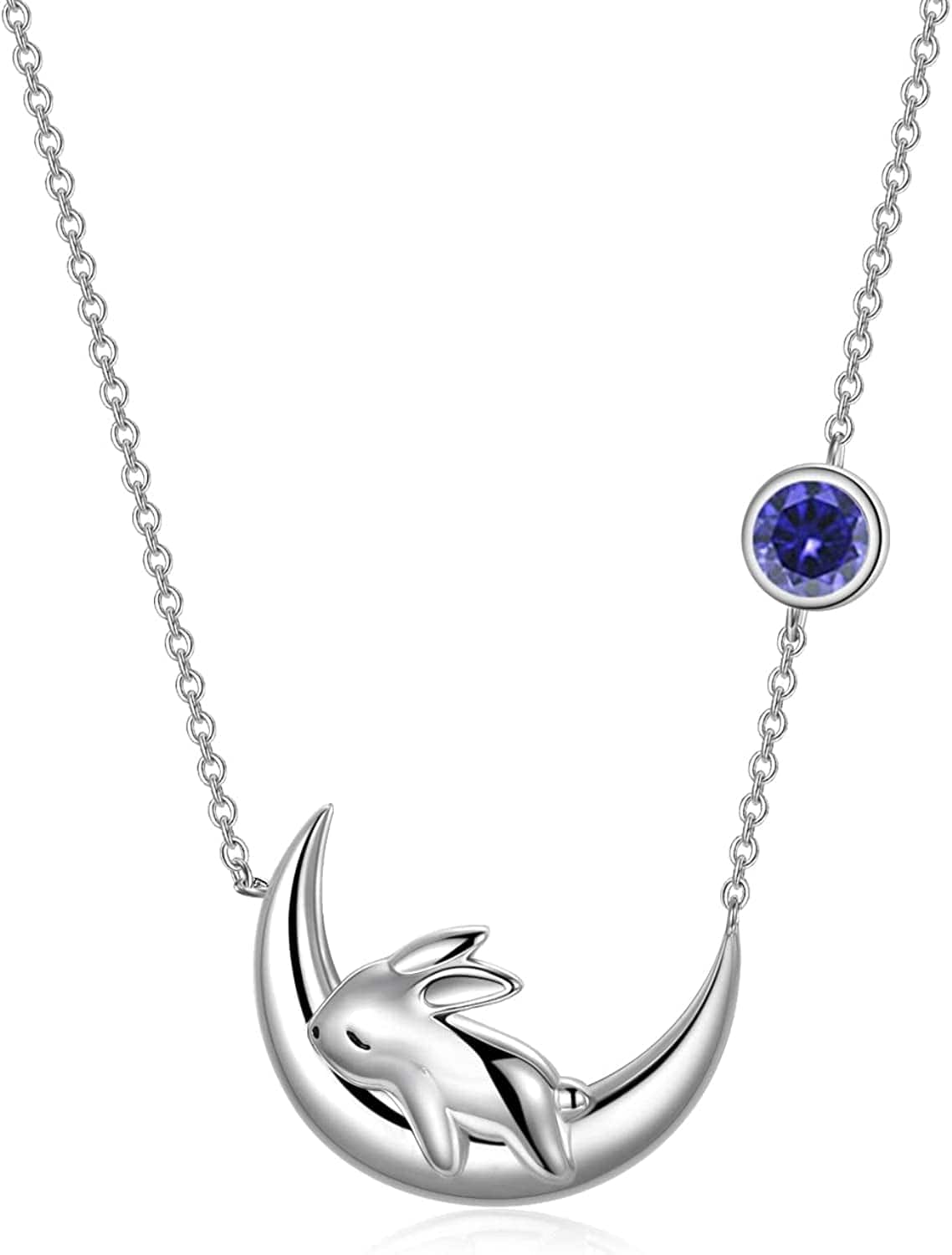 Sterling Silver Cute Bunny on the Moon Necklace for Women, Simulated Moonstone Pendant Necklaces, June Birthday Gift for Women Girls September