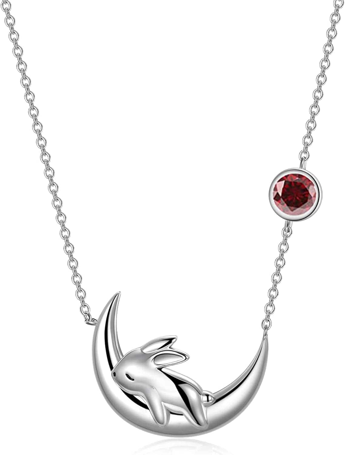 Sterling Silver Cute Bunny on the Moon Necklace for Women, Simulated Moonstone Pendant Necklaces, June Birthday Gift for Women Girls January