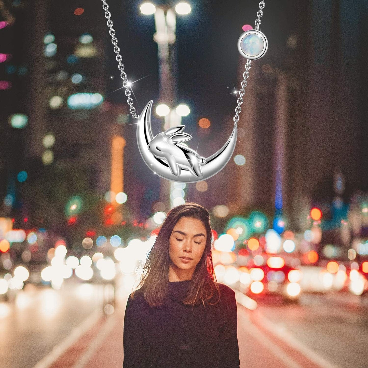 Sterling Silver Cute Bunny on the Moon Necklace for Women, Simulated Moonstone Pendant Necklaces, June Birthday Gift for Women Girls