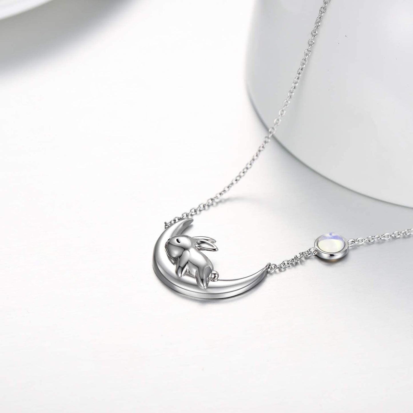 Sterling Silver Cute Bunny on the Moon Necklace for Women, Simulated Moonstone Pendant Necklaces, June Birthday Gift for Women Girls