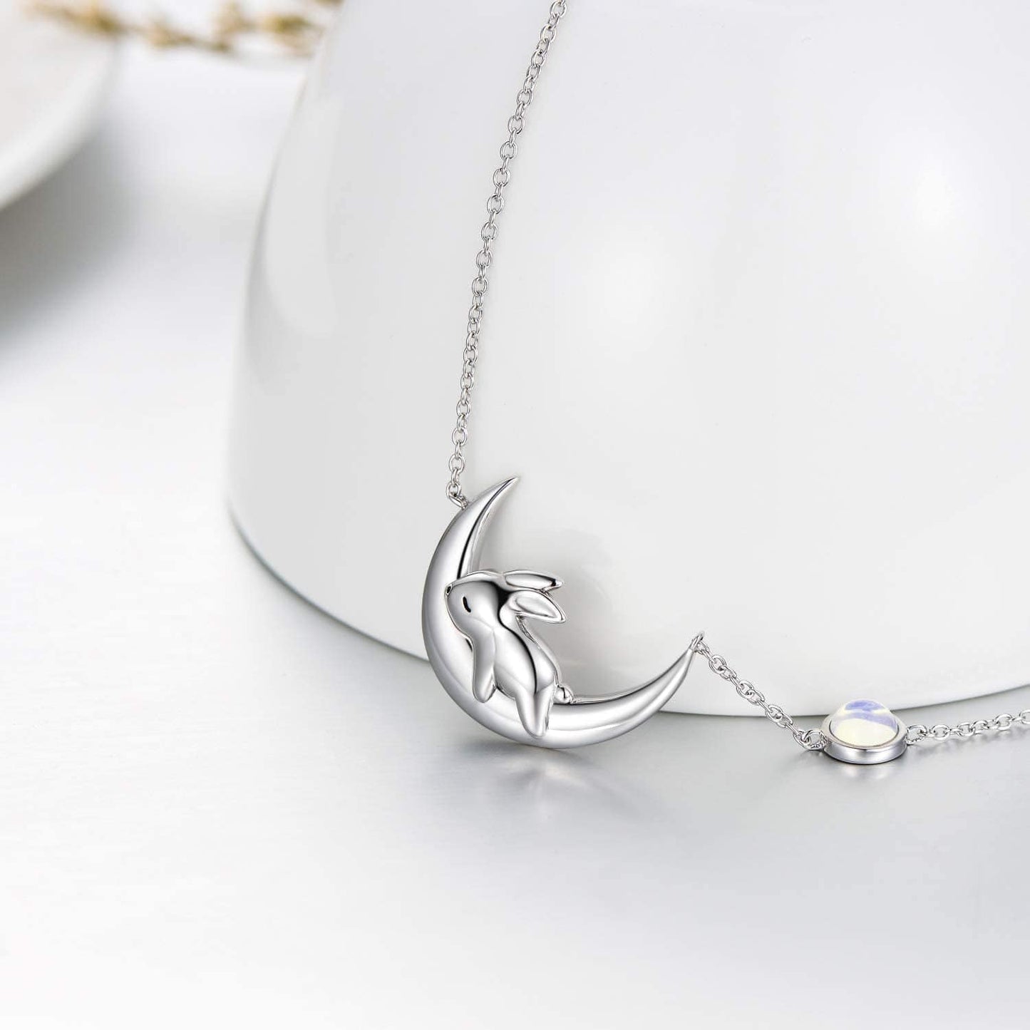 Sterling Silver Cute Bunny on the Moon Necklace for Women, Simulated Moonstone Pendant Necklaces, June Birthday Gift for Women Girls