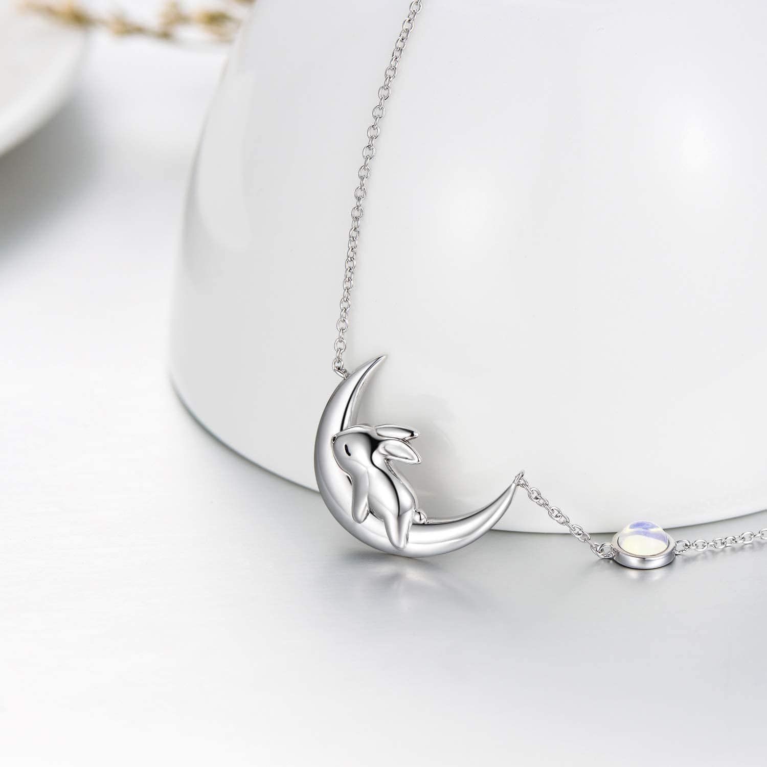 Sterling Silver Cute Bunny on the Moon Necklace for Women, Simulated Moonstone Pendant Necklaces, June Birthday Gift for Women Girls