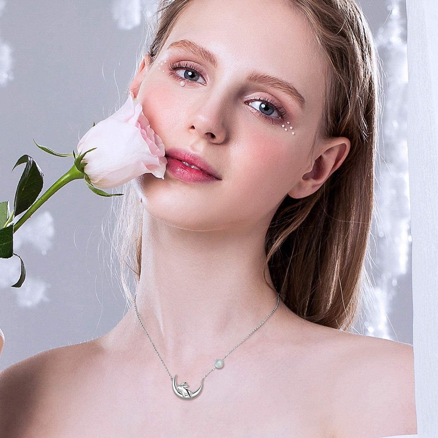 Sterling Silver Cute Bunny on the Moon Necklace for Women, Simulated Moonstone Pendant Necklaces, June Birthday Gift for Women Girls