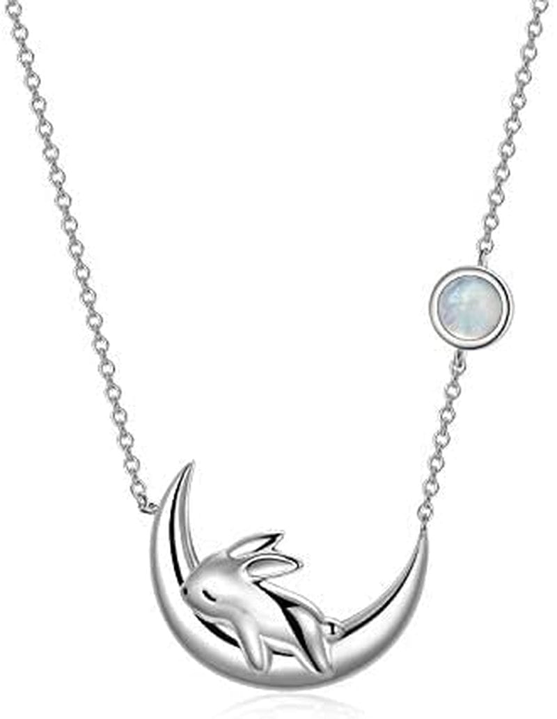 Sterling Silver Cute Bunny on the Moon Necklace for Women, Simulated Moonstone Pendant Necklaces, June Birthday Gift for Women Girls Simulated Moonstone