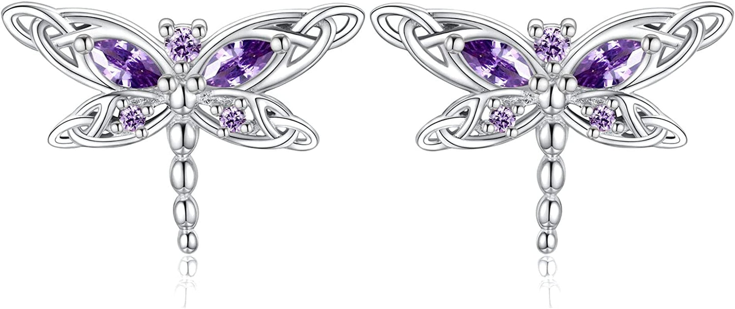 Sterling Silver Dragonfly Earrings for Women: Celtic Infinity Dangle Dragonfly Earrings Christmas Jewelry Gifts for Dragonfly Lovers Purple dragonfly studs