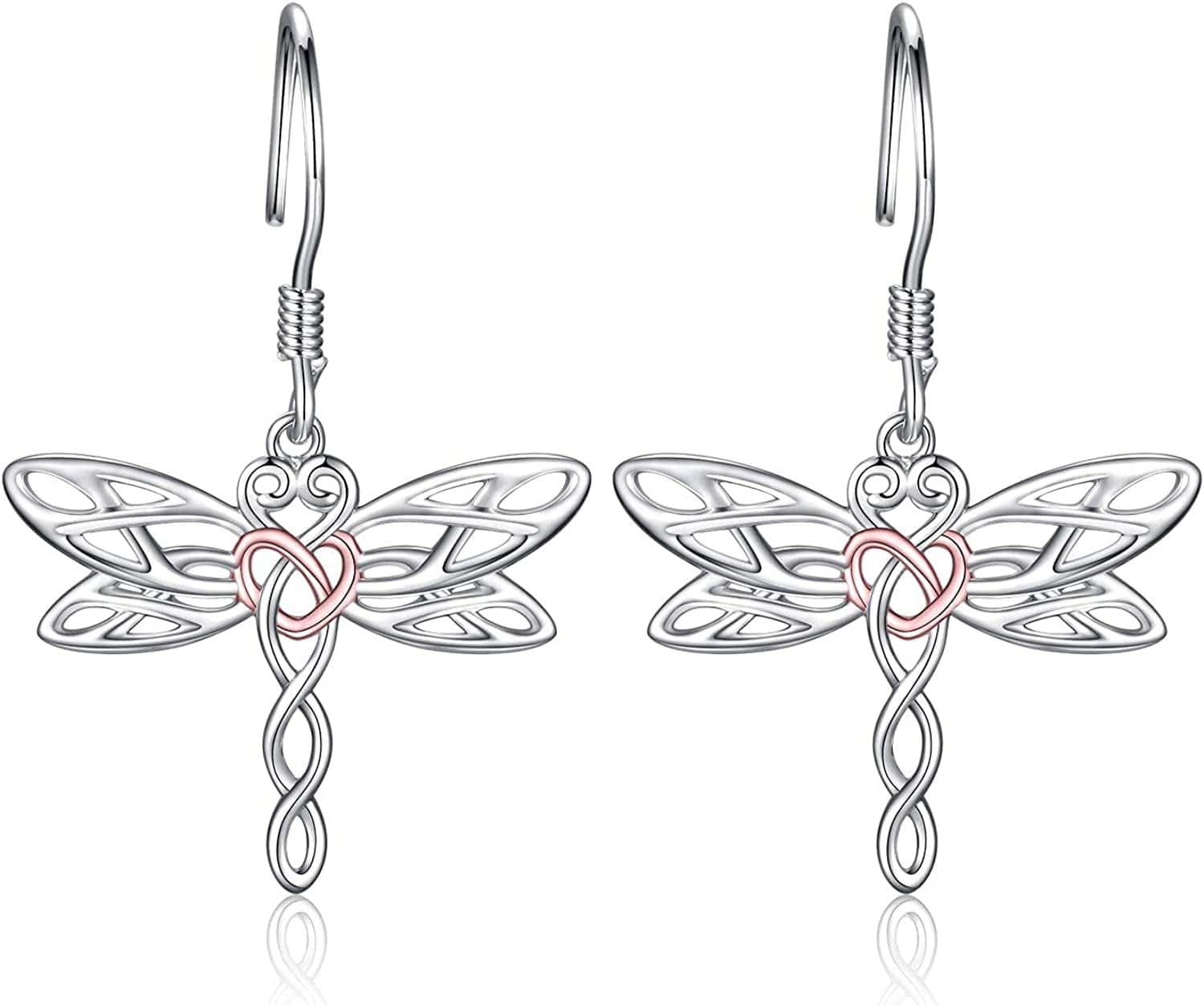 Sterling Silver Dragonfly Earrings for Women: Celtic Infinity Dangle Dragonfly Earrings Christmas Jewelry Gifts for Dragonfly Lovers RoseGold heart dragonfly