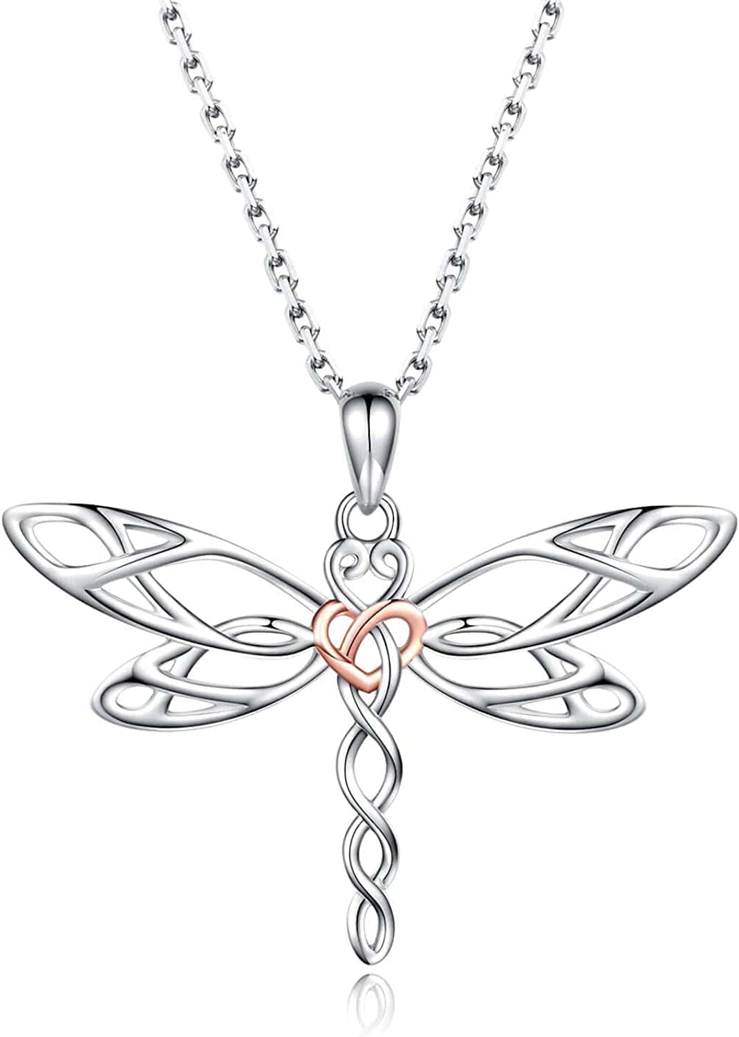 Sterling Silver Dragonfly Necklace for Women: Celtic Infinity Dragonfly Pendant Christmas Jewelry Gifts for Dragonfly Lovers RoseGold heart dragonfly
