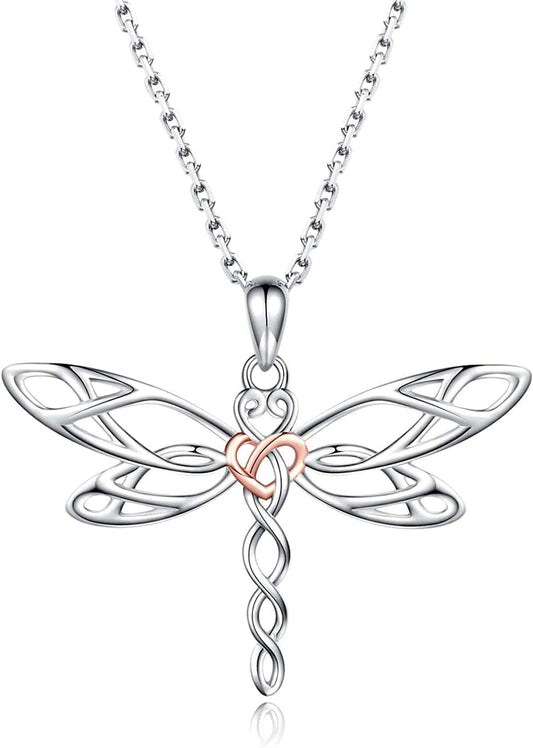 Sterling Silver Dragonfly Necklace for Women: Celtic Infinity Dragonfly Pendant Christmas Jewelry Gifts for Dragonfly Lovers RoseGold heart dragonfly