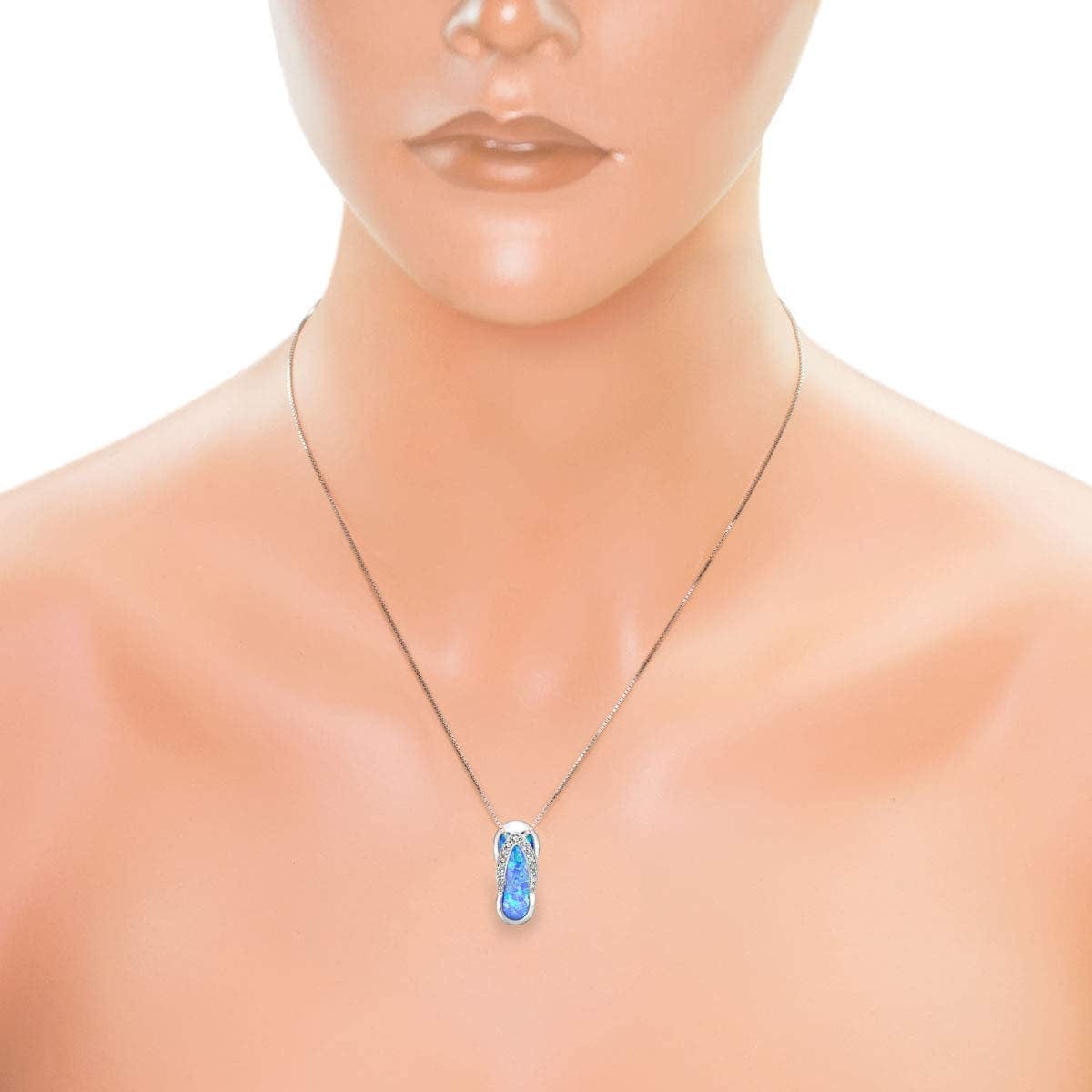 Sterling Silver Flip Flop CZ Accented Necklace Pendant with Simulated Blue Opal and 18" Box Chain