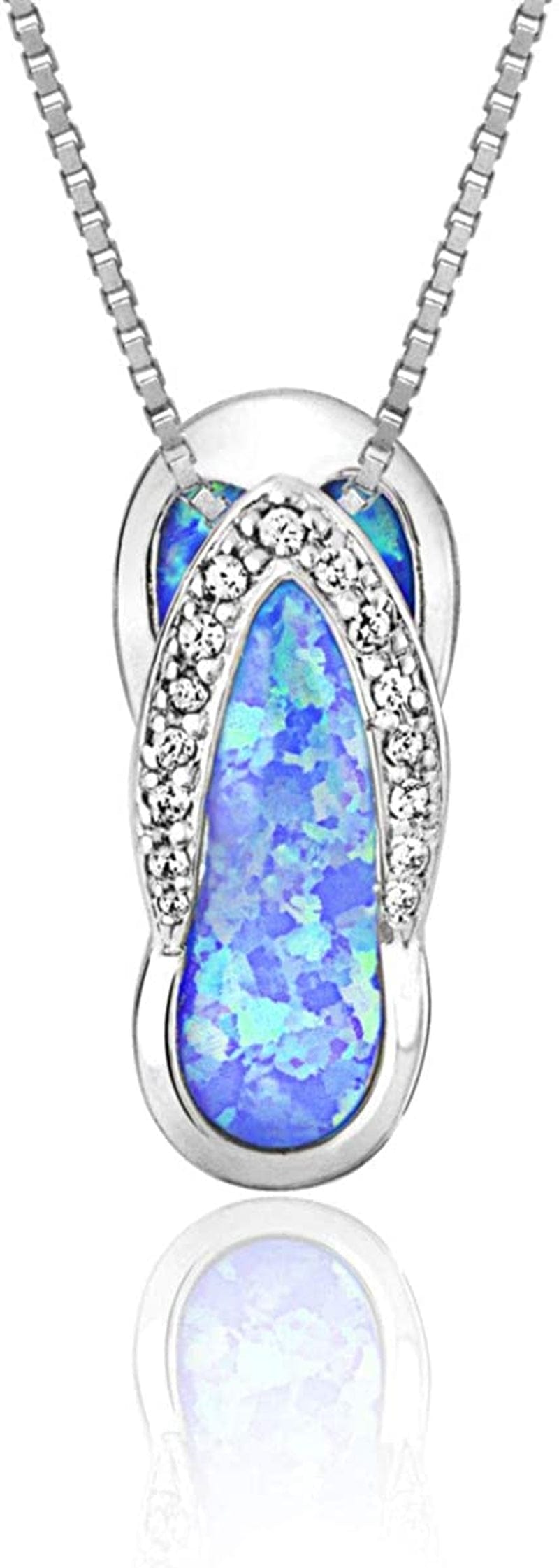 Sterling Silver Flip Flop CZ Accented Necklace Pendant with Simulated Blue Opal and 18" Box Chain