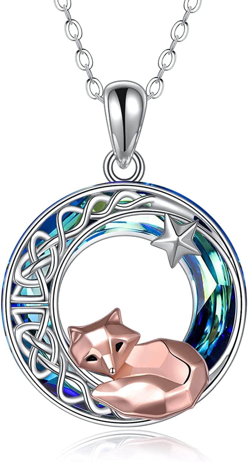 Sterling Silver Fox/Frog Necklace for Women Origami Fox/Frog Moon Necklace Gifts for Women Mom Crescent crystal fox
