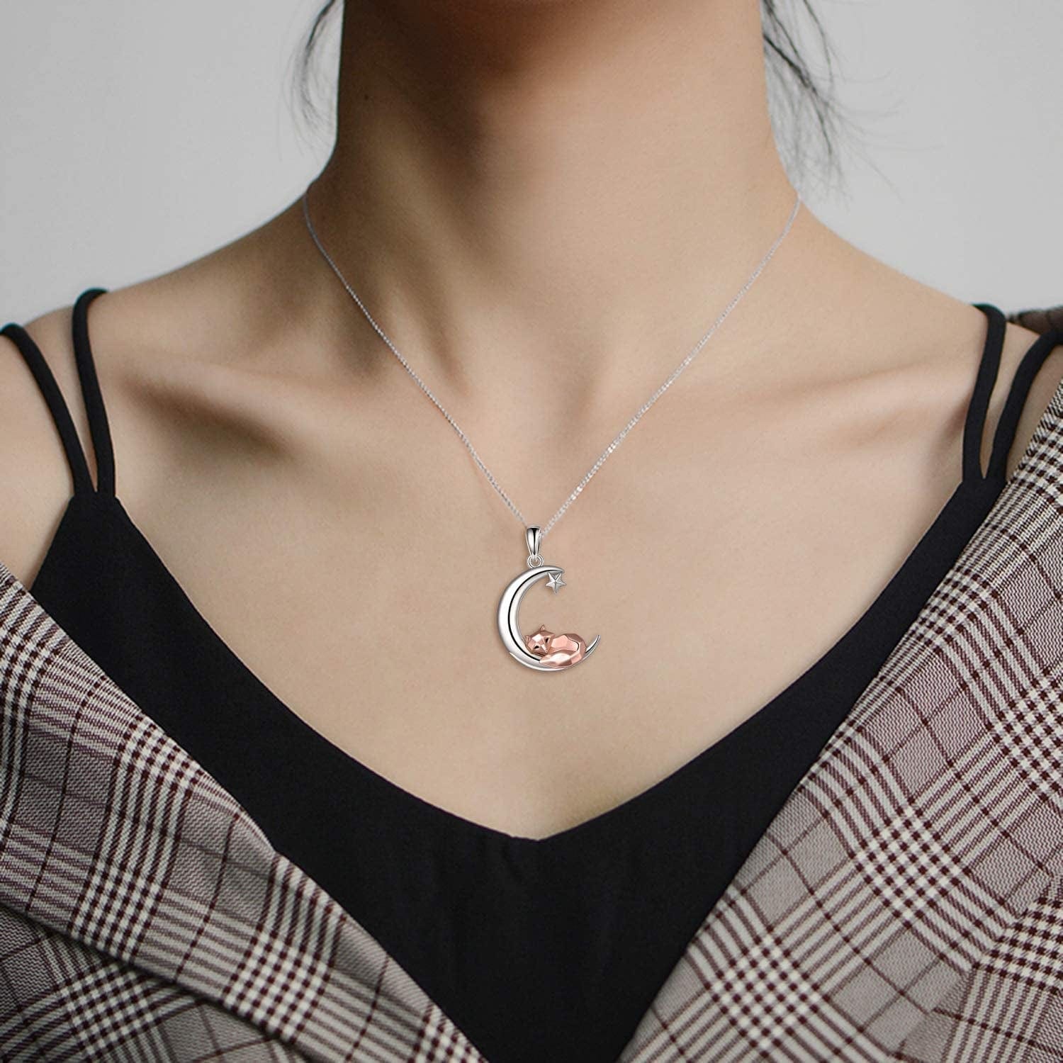 Sterling Silver Fox/Frog Necklace for Women Origami Fox/Frog Moon Necklace Gifts for Women Mom