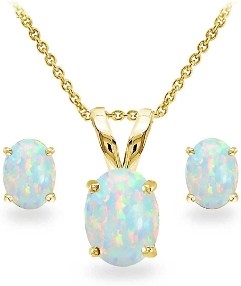 Sterling Silver Genuine, Created or Simulated Gemstone Oval Solitaire Necklace & Stud Earrings Jewelry Set for Women Girls Bridesmaids Synthetic Opal - Yellow Gold Flashed