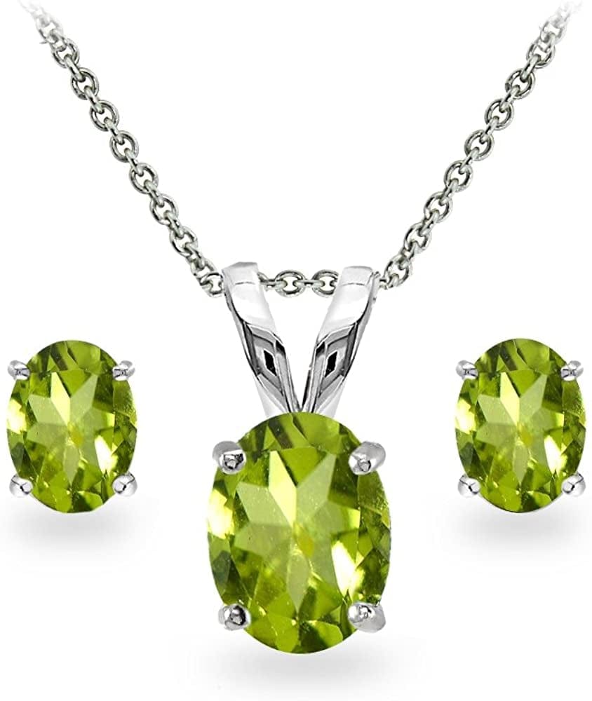 Sterling Silver Genuine, Created or Simulated Gemstone Oval Solitaire Necklace & Stud Earrings Jewelry Set for Women Girls Bridesmaids Peridot - Sterling Silver