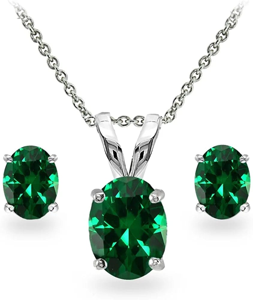 Sterling Silver Genuine, Created or Simulated Gemstone Oval Solitaire Necklace & Stud Earrings Jewelry Set for Women Girls Bridesmaids Simulated Emerald - Sterling Silver