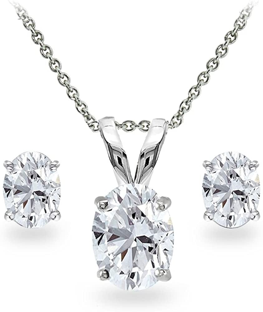 Sterling Silver Genuine, Created or Simulated Gemstone Oval Solitaire Necklace & Stud Earrings Jewelry Set for Women Girls Bridesmaids Synthetic White Sapphire - Sterling Silver