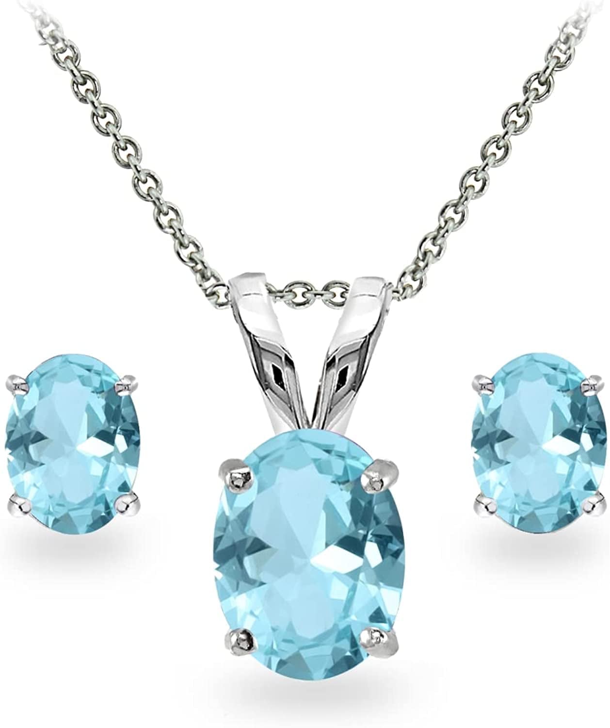 Sterling Silver Genuine, Created or Simulated Gemstone Oval Solitaire Necklace & Stud Earrings Jewelry Set for Women Girls Bridesmaids Simulated Paraiba