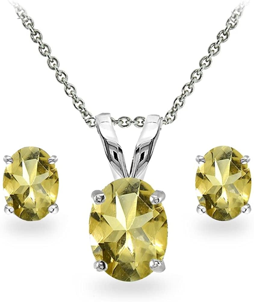 Sterling Silver Genuine, Created or Simulated Gemstone Oval Solitaire Necklace & Stud Earrings Jewelry Set for Women Girls Bridesmaids Citrine - Sterling Silver