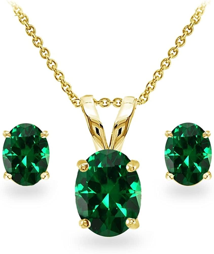 Sterling Silver Genuine, Created or Simulated Gemstone Oval Solitaire Necklace & Stud Earrings Jewelry Set for Women Girls Bridesmaids Simulated Emerald - Yellow Gold Flashed