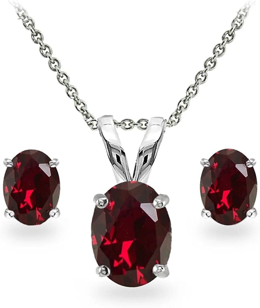 Sterling Silver Genuine, Created or Simulated Gemstone Oval Solitaire Necklace & Stud Earrings Jewelry Set for Women Girls Bridesmaids Synthetic Ruby - Sterling Silver