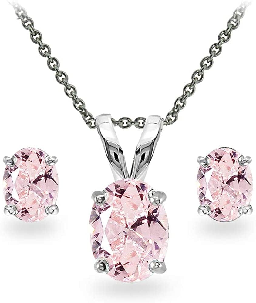Sterling Silver Genuine, Created or Simulated Gemstone Oval Solitaire Necklace & Stud Earrings Jewelry Set for Women Girls Bridesmaids Simulated Morganite - Sterling Silver