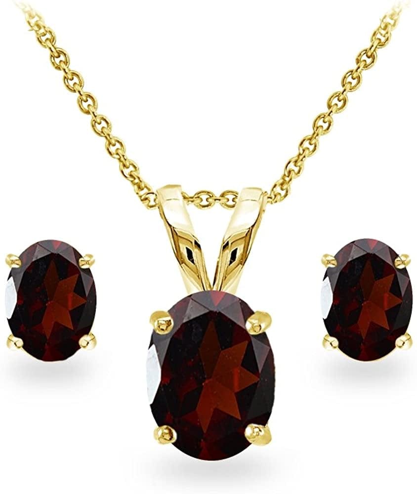 Sterling Silver Genuine, Created or Simulated Gemstone Oval Solitaire Necklace & Stud Earrings Jewelry Set for Women Girls Bridesmaids Garnet - Yellow Gold Flashed