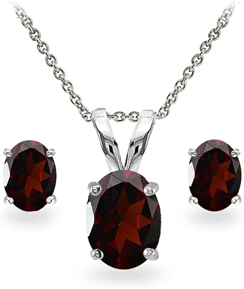 Sterling Silver Genuine, Created or Simulated Gemstone Oval Solitaire Necklace & Stud Earrings Jewelry Set for Women Girls Bridesmaids Garnet - Sterling Silver