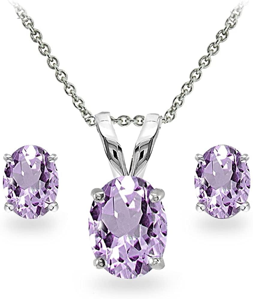 Sterling Silver Genuine, Created or Simulated Gemstone Oval Solitaire Necklace & Stud Earrings Jewelry Set for Women Girls Bridesmaids Amethyst - Sterling Silver