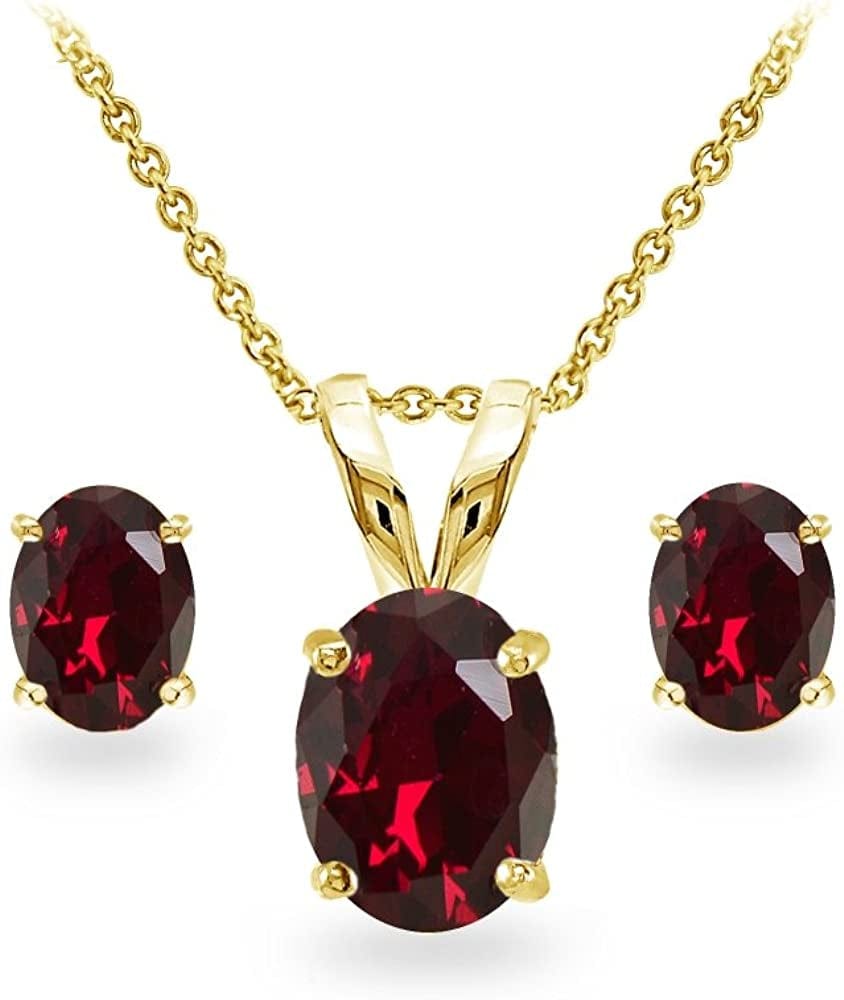 Sterling Silver Genuine, Created or Simulated Gemstone Oval Solitaire Necklace & Stud Earrings Jewelry Set for Women Girls Bridesmaids Synthetic Ruby - Yellow Gold Flashed