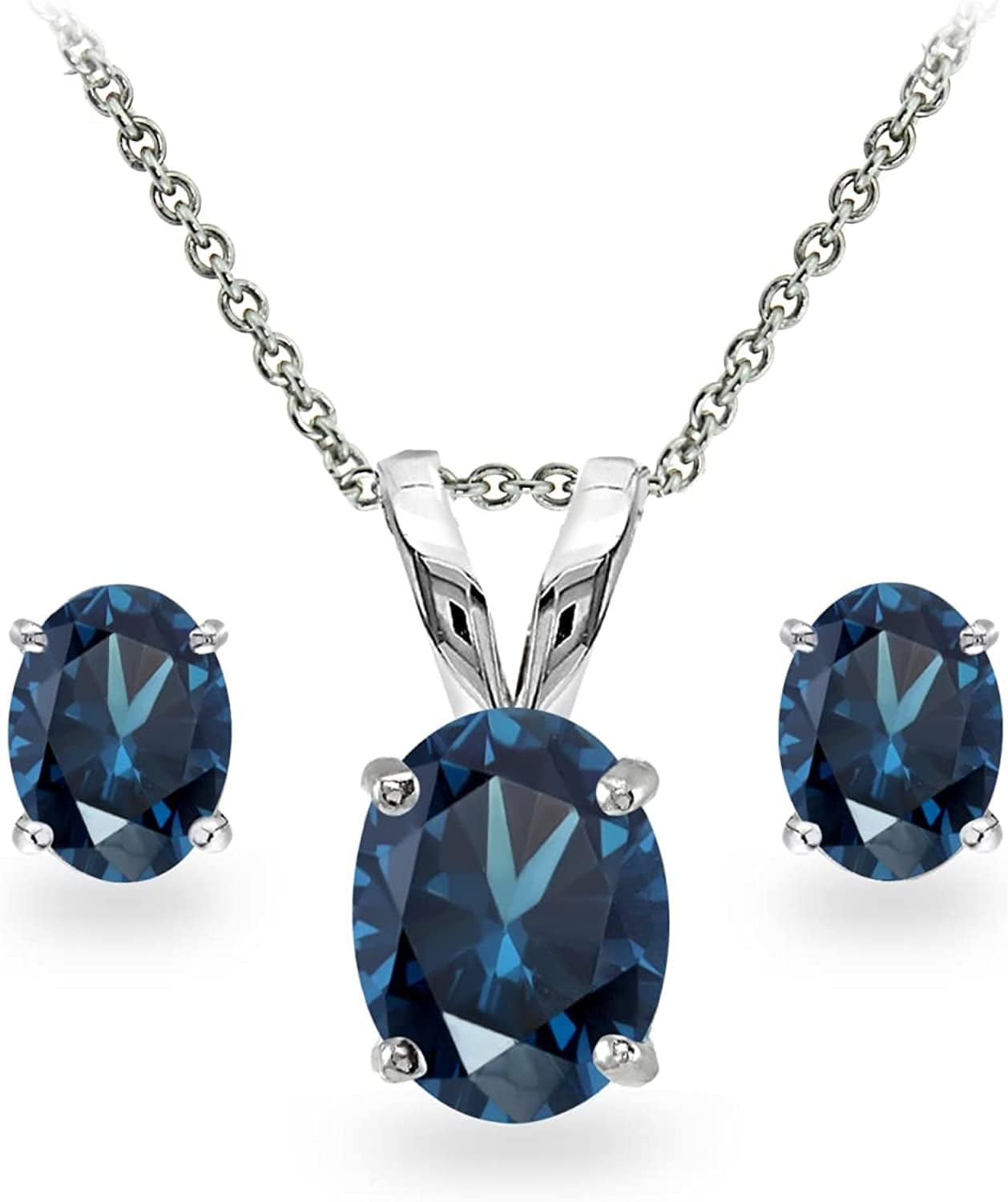 Sterling Silver Genuine, Created or Simulated Gemstone Oval Solitaire Necklace & Stud Earrings Jewelry Set for Women Girls Bridesmaids Simulated London Blue Topaz