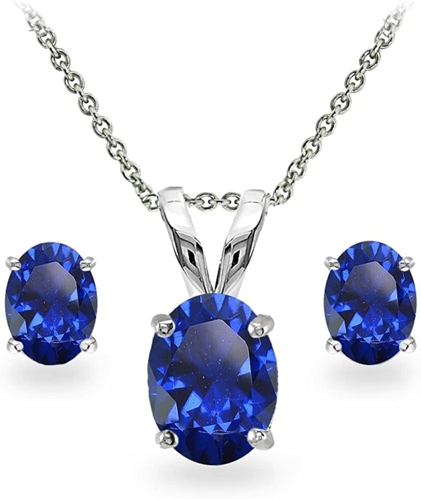 Sterling Silver Genuine, Created or Simulated Gemstone Oval Solitaire Necklace & Stud Earrings Jewelry Set for Women Girls Bridesmaids Created Blue Sapphire - Sterling Silver