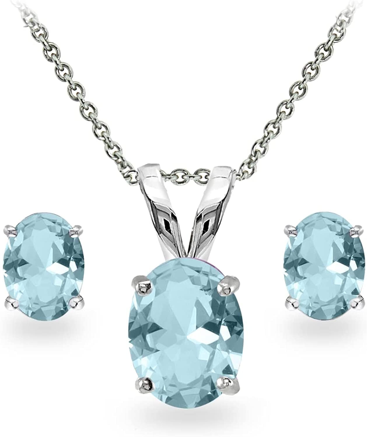 Sterling Silver Genuine, Created or Simulated Gemstone Oval Solitaire Necklace & Stud Earrings Jewelry Set for Women Girls Bridesmaids Simulated Aquamarine