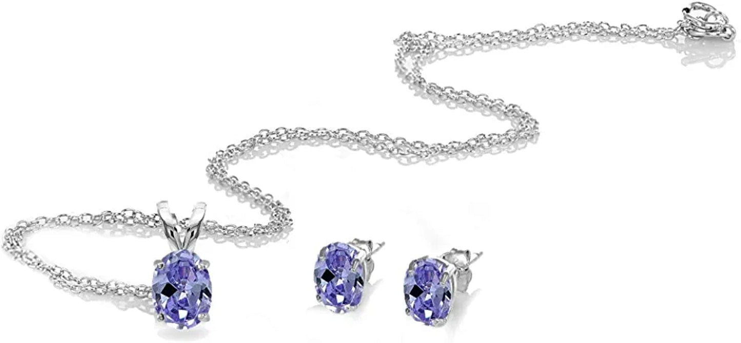 Sterling Silver Genuine, Created or Simulated Gemstone Oval Solitaire Necklace & Stud Earrings Jewelry Set for Women Girls Bridesmaids