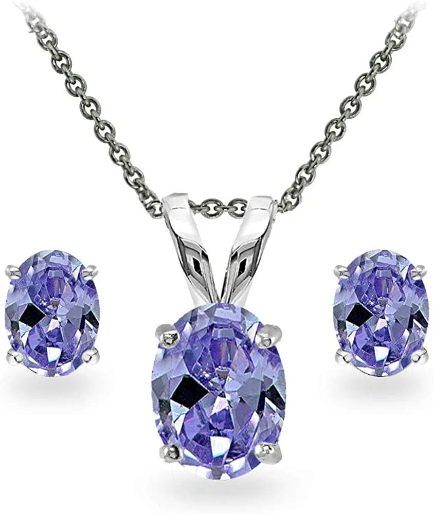 Sterling Silver Genuine, Created or Simulated Gemstone Oval Solitaire Necklace & Stud Earrings Jewelry Set for Women Girls Bridesmaids Simulated Tanzanite- Sterling Silver
