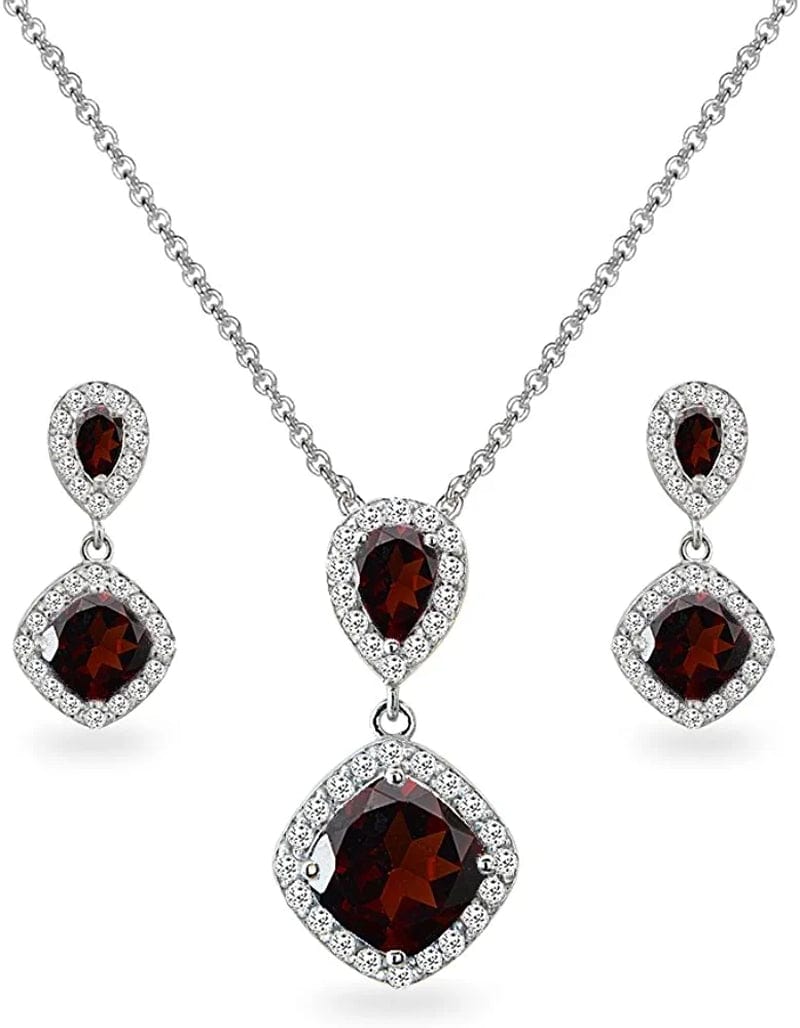 Sterling Silver Genuine, Created or Simulated Gemstone & White Topaz Dangle Earrings & Necklace Set Garnet