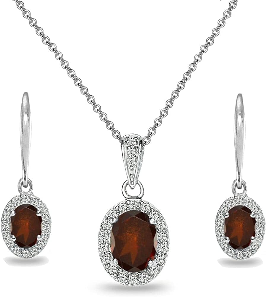 Sterling Silver Genuine, Created or Simulated Ovalgemstone Halo Dangle Earrings & Necklace Jewelry Set for Women Girls Bridemaids with Gift Box Garnet