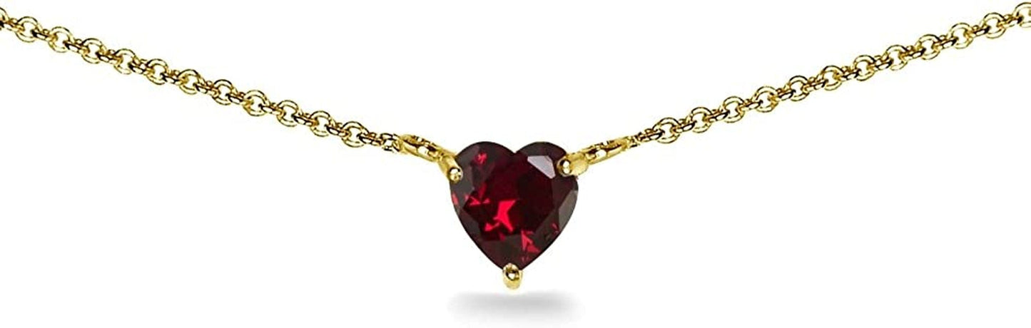 Sterling Silver Genuine or Synthetic Gemstone Dainty Heart Short Choker Necklace for Women Girls Synthetic Ruby - Yellow Gold Flashed