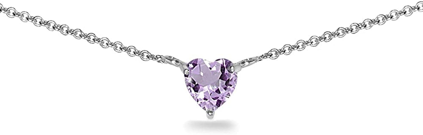 Sterling Silver Genuine or Synthetic Gemstone Dainty Heart Short Choker Necklace for Women Girls Amethyst - Sterling Silver