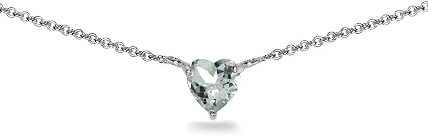 Sterling Silver Genuine or Synthetic Gemstone Dainty Heart Short Choker Necklace for Women Girls Light Aquamarine - Sterling Silver