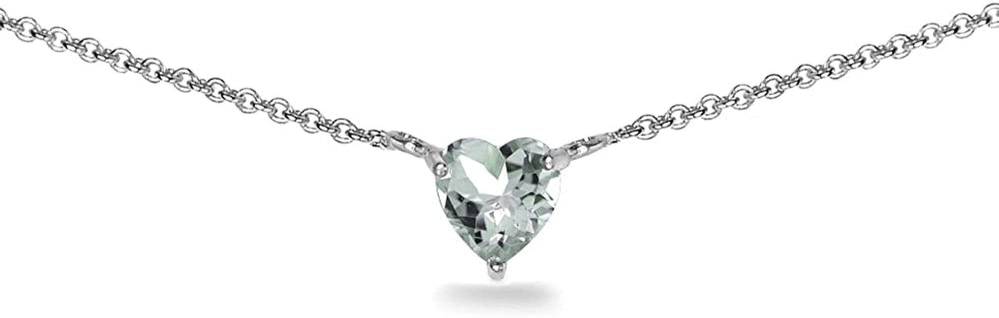 Sterling Silver Genuine or Synthetic Gemstone Dainty Heart Short Choker Necklace for Women Girls Light Aquamarine - Sterling Silver