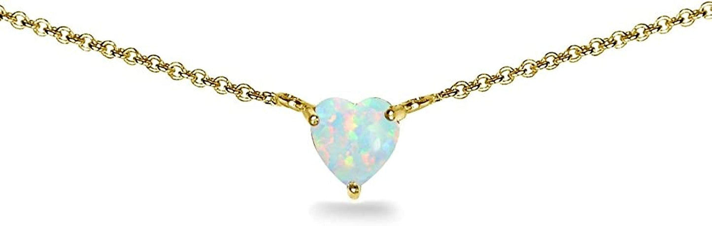Sterling Silver Genuine or Synthetic Gemstone Dainty Heart Short Choker Necklace for Women Girls Synthetic White Opal - Yellow Gold Flashed