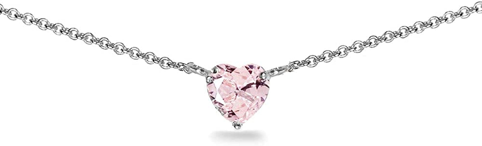 Sterling Silver Genuine or Synthetic Gemstone Dainty Heart Short Choker Necklace for Women Girls Simulated Morganite - Sterling Silver